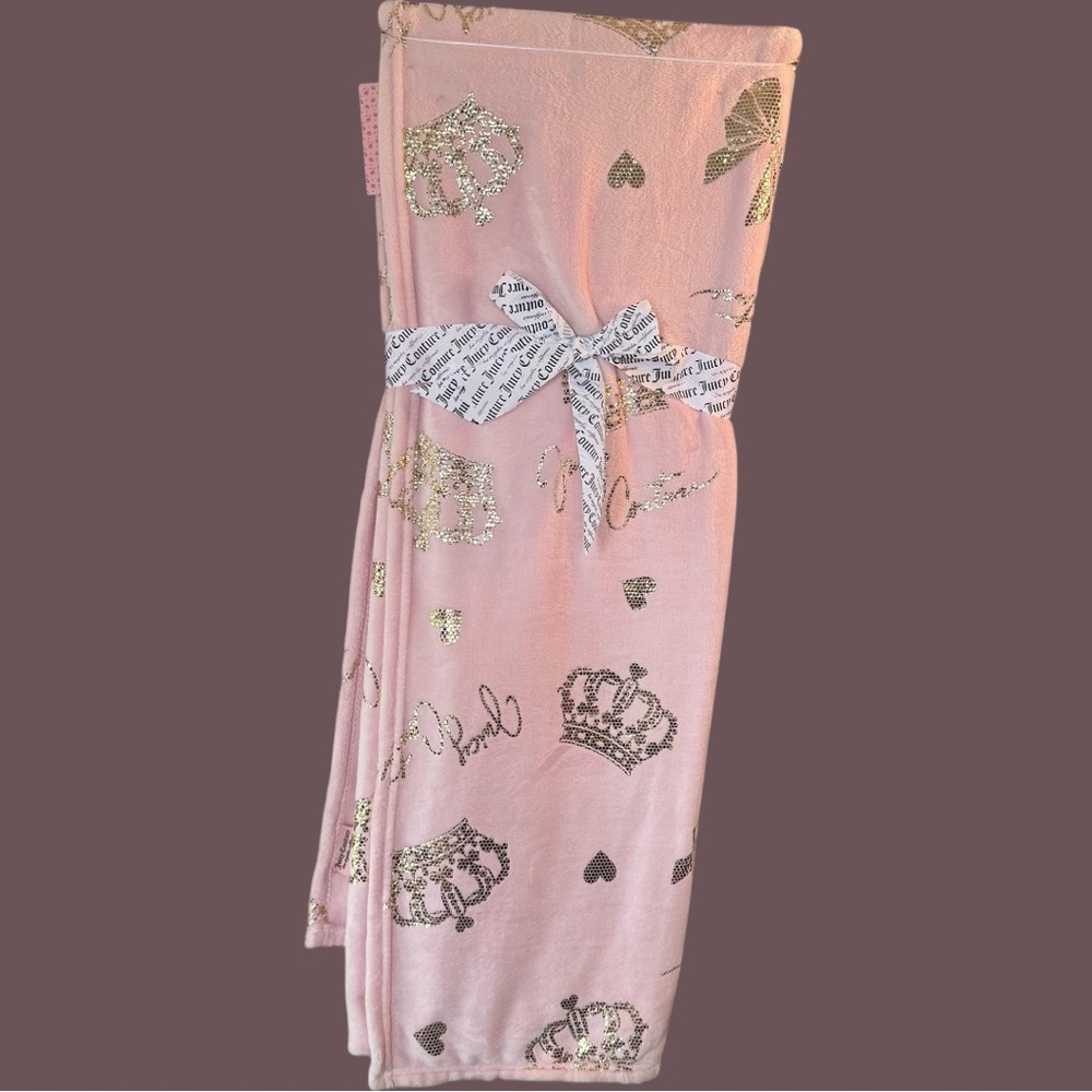 Juicy Couture Pink Plush Throw Gold Crown Print